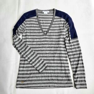New Lacoste Striped V-Neck Long Sleeve Logo Top Contrast Navy Shoulder Panels 34